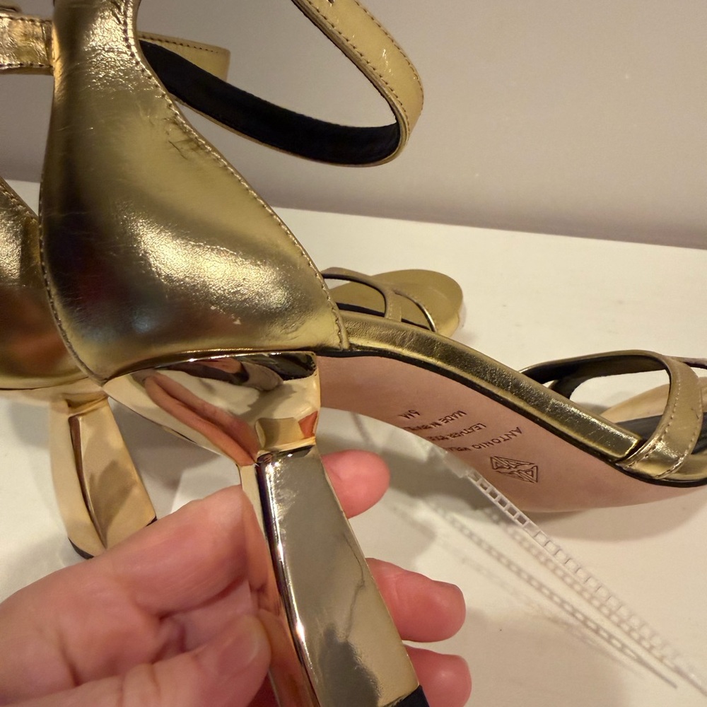 Antonio Melani Calla Leather Double Banded Dress Sandals in Cracked Foil Gold - Picture 12 of 15